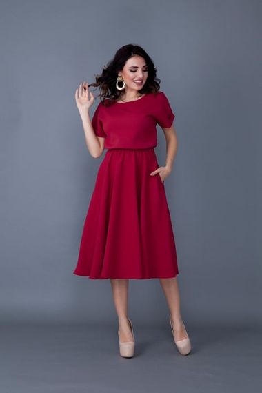 Women's Midi Length Elastic Waist Short Sleeve Dress - CLARET red - photo 5