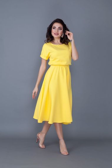 Women's Midi Length Elastic Waist Short Sleeve Dress - YELLOW - photo 1