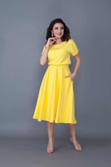 Women's Midi Length Elastic Waist Short Sleeve Dress - YELLOW - photo 3