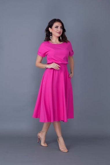 Women's Midi Length Elastic Waist Short Sleeve Dress-FUCHIA - photo 4