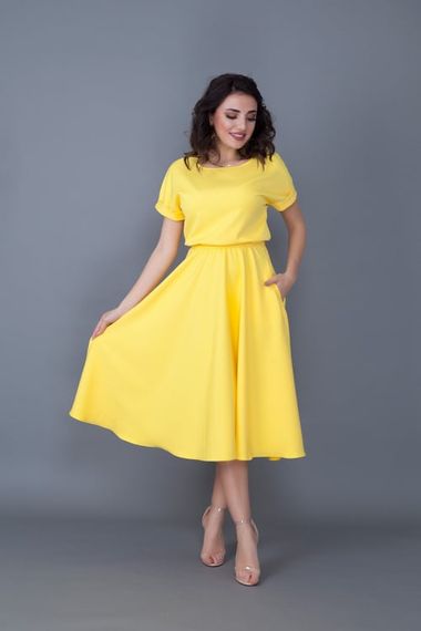 Women's Midi Length Elastic Waist Short Sleeve Dress - YELLOW - photo 2