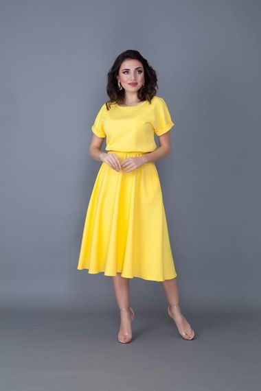 Women's Midi Length Elastic Waist Short Sleeve Dress - YELLOW - photo 4