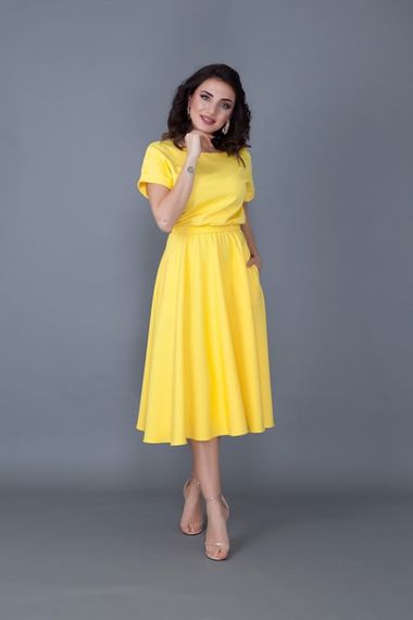 Women's Midi Length Elastic Waist Short Sleeve Dress - YELLOW - photo 5