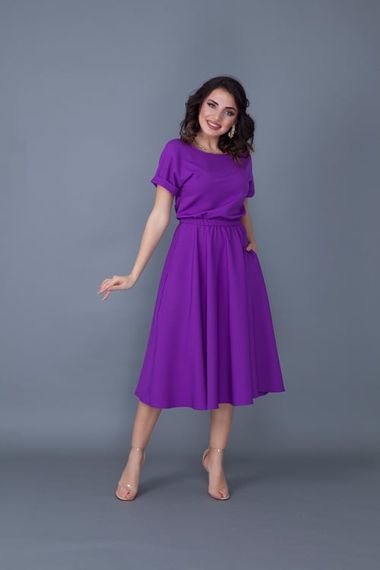 Women's Midi Length Elastic Waist Short Sleeve Dress-PURPLE - photo 3