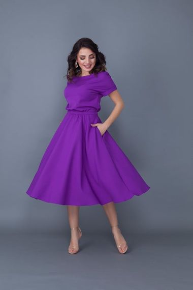 Women's Midi Length Elastic Waist Short Sleeve Dress-PURPLE - photo 2