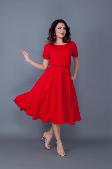 Women's Midi Length Elastic Waist Short Sleeve Dress-RED - photo 1