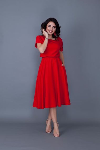 Women's Midi Length Elastic Waist Short Sleeve Dress-RED - photo 2