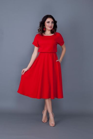 Women's Midi Length Elastic Waist Short Sleeve Dress-RED - photo 4