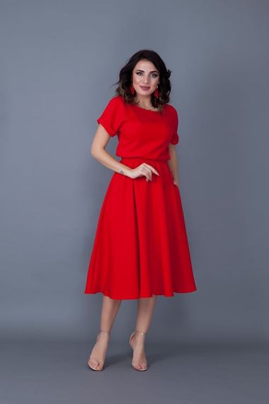 Women's Midi Length Elastic Waist Short Sleeve Dress-RED - photo 3