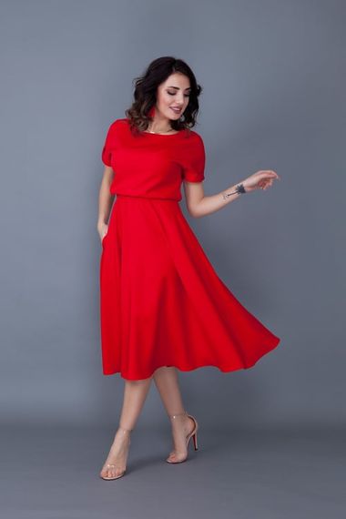 Women's Midi Length Elastic Waist Short Sleeve Dress-RED - photo 5