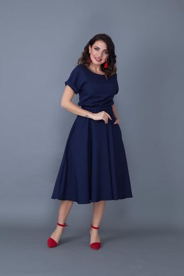 Women's Midi Length Elastic Waist Short Sleeve Dress - NAVY BLUE - photo 1