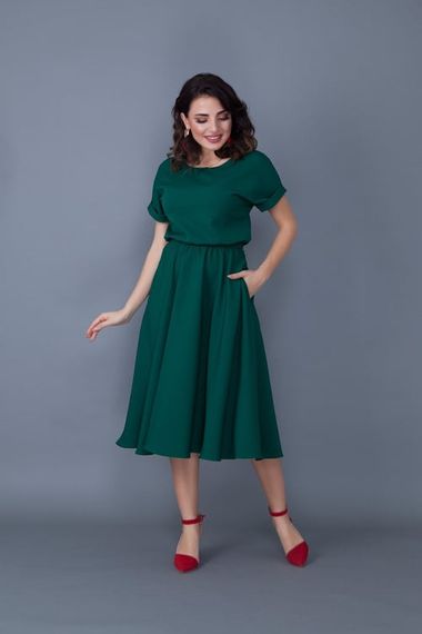 Women's Midi Length Elastic Waist Short Sleeve Dress - EMERALD - photo 5