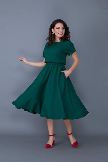 Women's Midi Length Elastic Waist Short Sleeve Dress - EMERALD - photo 1