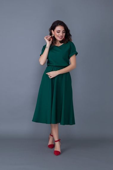 Women's Midi Length Elastic Waist Short Sleeve Dress - EMERALD - photo 2