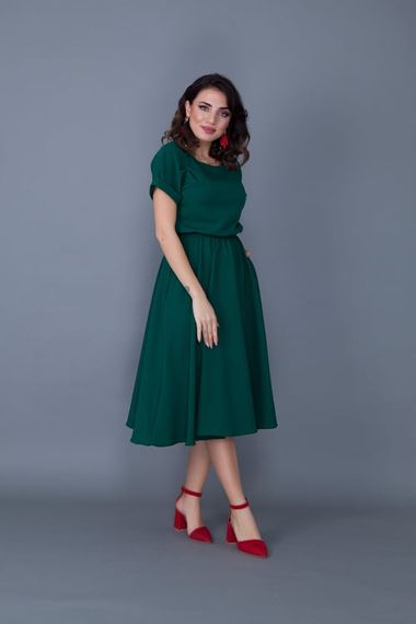 Women's Midi Length Elastic Waist Short Sleeve Dress - EMERALD - photo 3