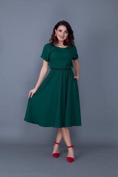 Women's Midi Length Elastic Waist Short Sleeve Dress - EMERALD - photo 4