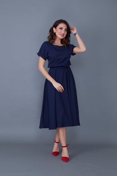 Women's Midi Length Elastic Waist Short Sleeve Dress - NAVY BLUE - photo 3