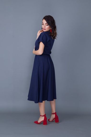 Women's Midi Length Elastic Waist Short Sleeve Dress - NAVY BLUE - photo 5