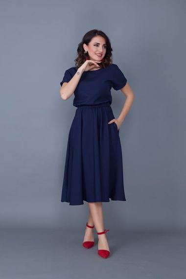 Women's Midi Length Elastic Waist Short Sleeve Dress - NAVY BLUE - photo 4