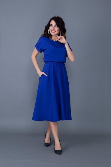 Women's Midi Length Elastic Waist Short Sleeve Dress-SAX BLUE - photo 1