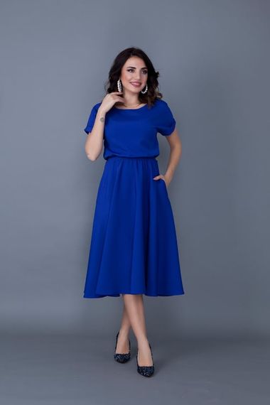 Women's Midi Length Elastic Waist Short Sleeve Dress-SAX BLUE - photo 3