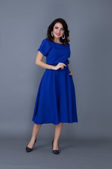 Women's Midi Length Elastic Waist Short Sleeve Dress-SAX BLUE - photo 5