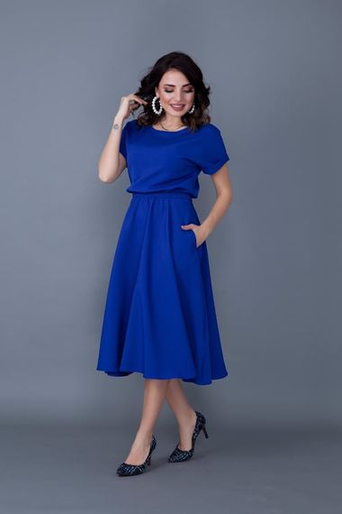 Women's Midi Length Elastic Waist Short Sleeve Dress-SAX BLUE - photo 4