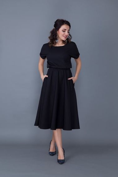 Women's Midi Length Elastic Waist Short Sleeve Dress-BLACK - photo 1