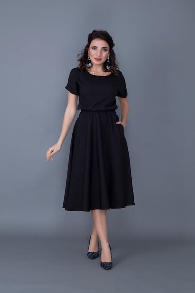 Women's Midi Length Elastic Waist Short Sleeve Dress-BLACK - photo 2