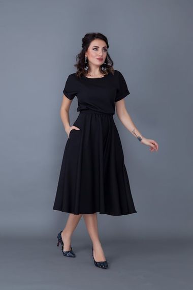 Women's Midi Length Elastic Waist Short Sleeve Dress-BLACK - photo 5