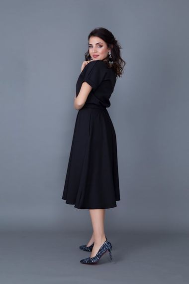 Women's Midi Length Elastic Waist Short Sleeve Dress-BLACK - photo 4