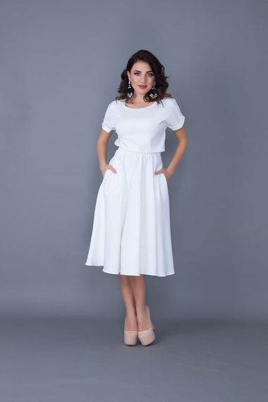 Women's Midi Length Elastic Waist Short Sleeve Dress - WHITE - photo 2