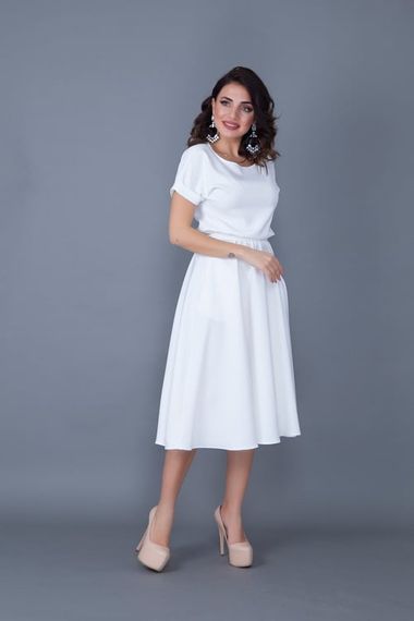 Women's Midi Length Elastic Waist Short Sleeve Dress - WHITE - photo 3