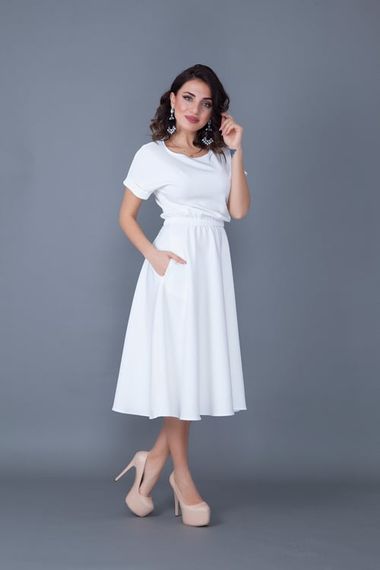 Women's Midi Length Elastic Waist Short Sleeve Dress - WHITE - photo 5