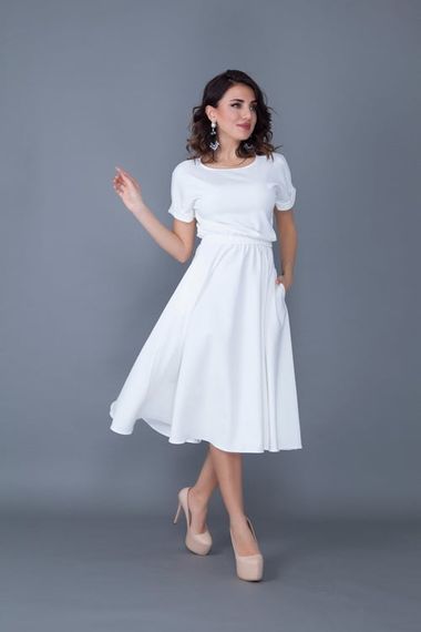 Women's Midi Length Elastic Waist Short Sleeve Dress - WHITE - photo 1