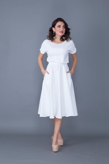 Women's Midi Length Elastic Waist Short Sleeve Dress - WHITE - photo 4