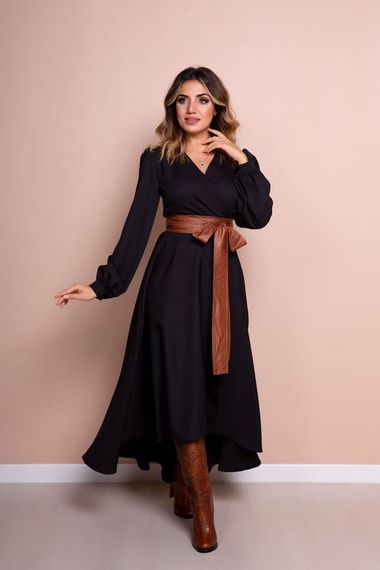 Women's Asymmetrical Cut Double Breasted Collar Long Sleeve Dress-BLACK - photo 1