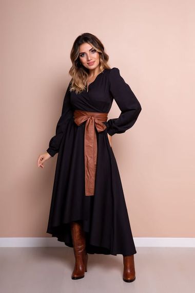 Women's Asymmetrical Cut Double Breasted Collar Long Sleeve Dress-BLACK - photo 3