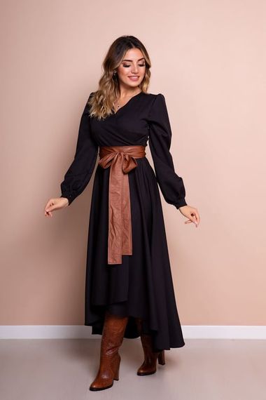 Women's Asymmetrical Cut Double Breasted Collar Long Sleeve Dress-BLACK - photo 2