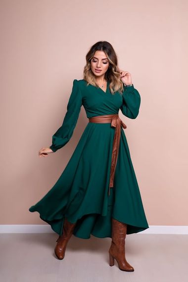 Women's Asymmetrical Cut Double Breasted Collar Long Sleeve Dress - EMERALD - photo 4