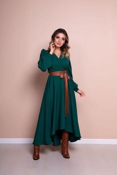 Women's Asymmetrical Cut Double Breasted Collar Long Sleeve Dress - EMERALD - photo 2