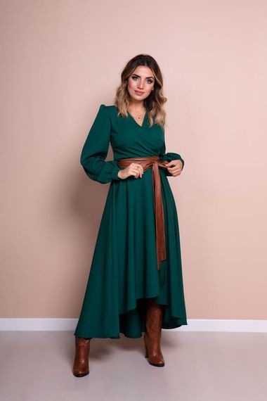 Women's Asymmetrical Cut Double Breasted Collar Long Sleeve Dress - EMERALD - photo 1