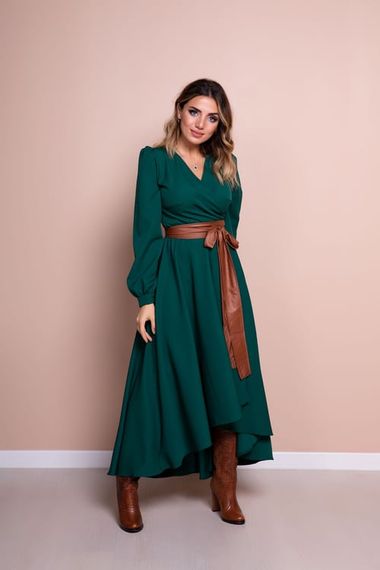 Women's Asymmetrical Cut Double Breasted Collar Long Sleeve Dress - EMERALD - photo 5