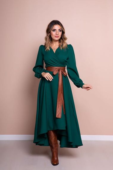 Women's Asymmetrical Cut Double Breasted Collar Long Sleeve Dress - EMERALD - photo 3