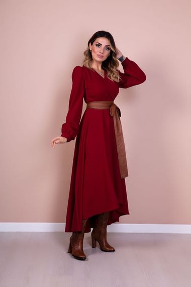 Women's Asymmetrical Cut Double Breasted Collar Long Sleeve Dress - CLARET red - photo 2