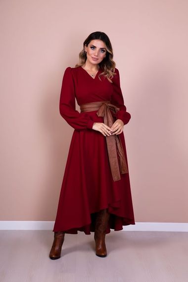 Women's Asymmetrical Cut Double Breasted Collar Long Sleeve Dress - CLARET red - photo 3