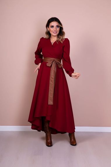 Women's Asymmetrical Cut Double Breasted Collar Long Sleeve Dress - CLARET red - photo 4