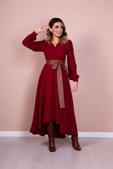 Women's Asymmetrical Cut Double Breasted Collar Long Sleeve Dress - CLARET red - photo 1