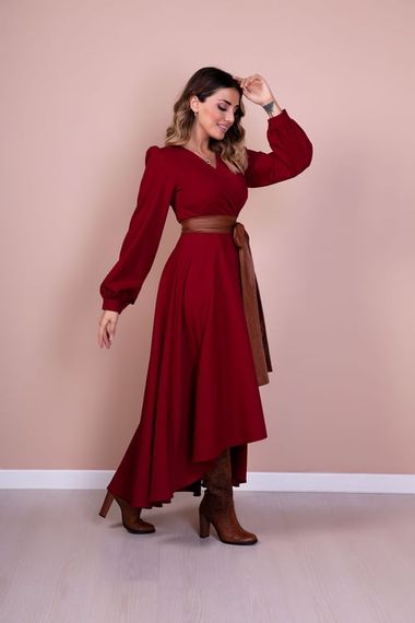 Women's Asymmetrical Cut Double Breasted Collar Long Sleeve Dress - CLARET red - photo 5