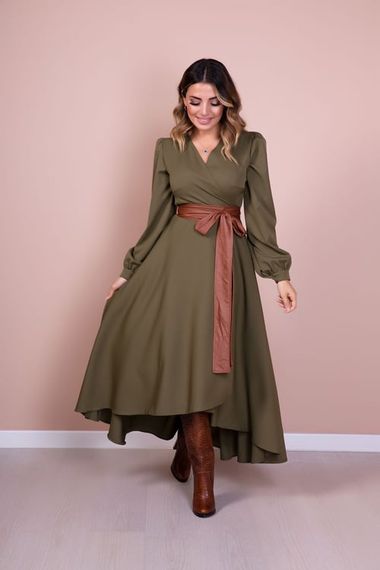 Women's Asymmetrical Cut Double Breasted Collar Long Sleeve Dress - KHAKI - photo 4